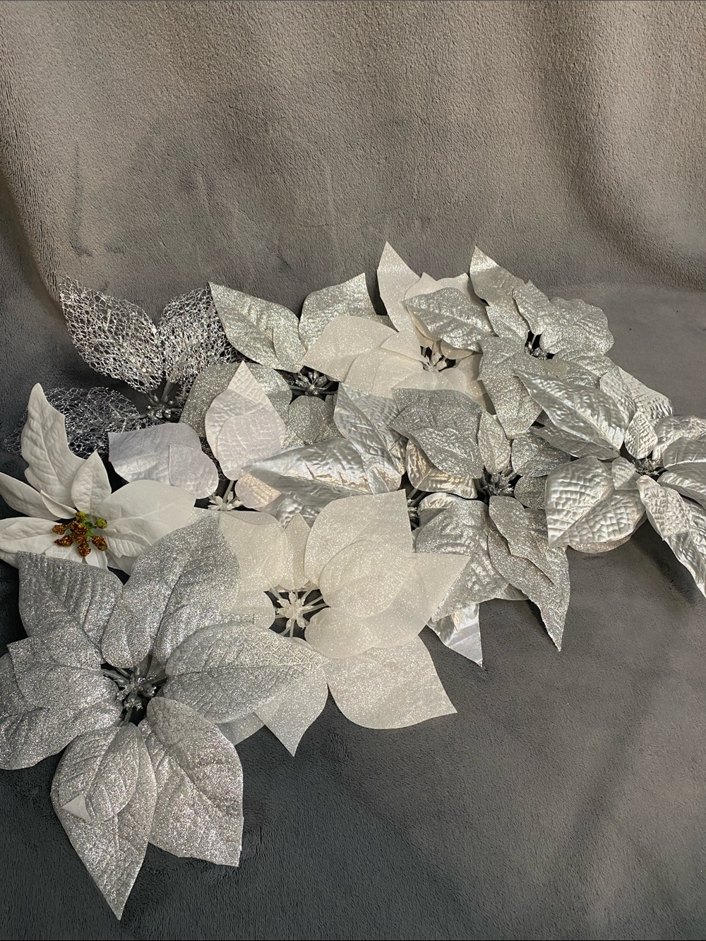 11pc. White and Silver Holiday Poinsettia Flower Picks